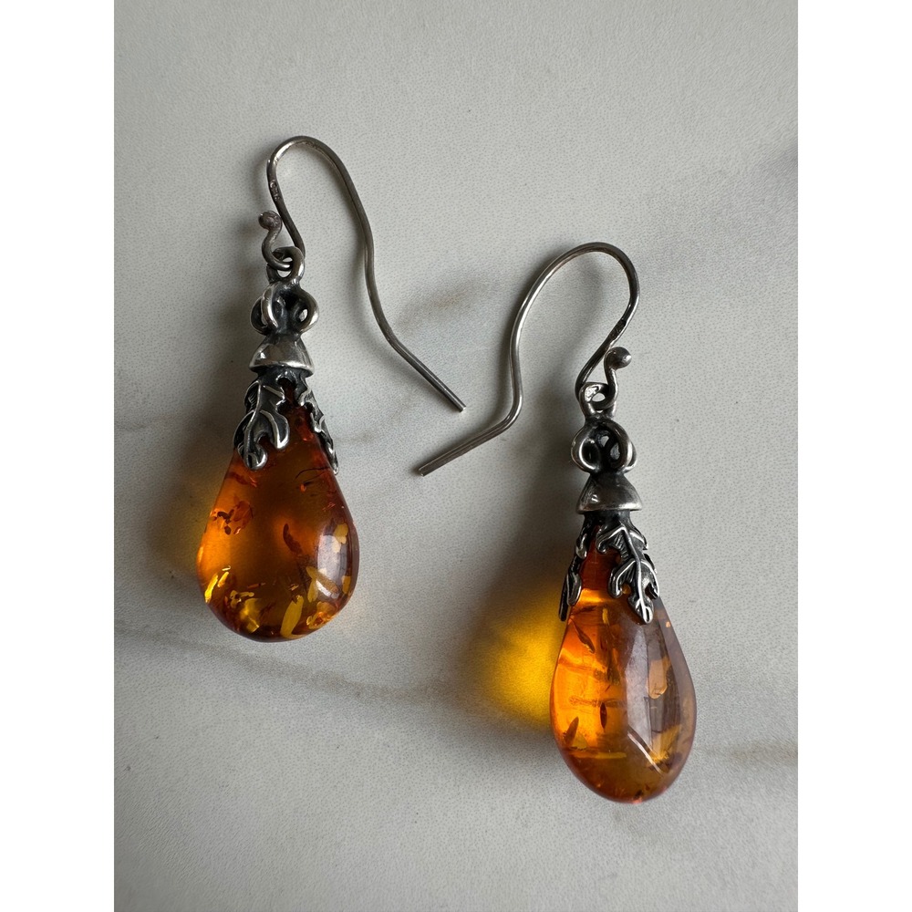 Sterling Silver 925 Baltic Amber Teardrop Leaf Cap Drop Earrings Honey Cognac